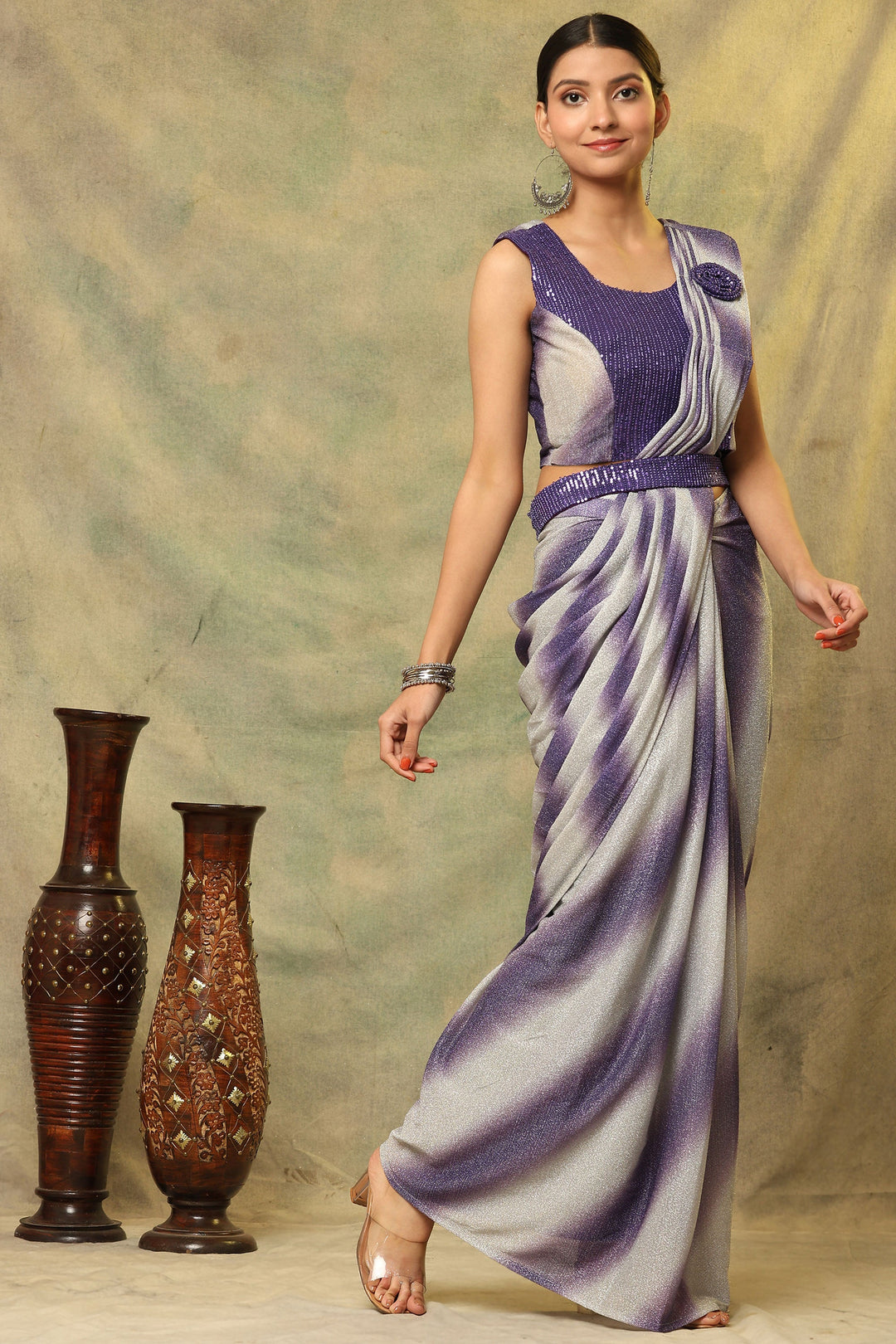 Imposing Ready to wear Fancy Fabric Saree With Sequins Work Blouse In Purple Color | Buy Online India