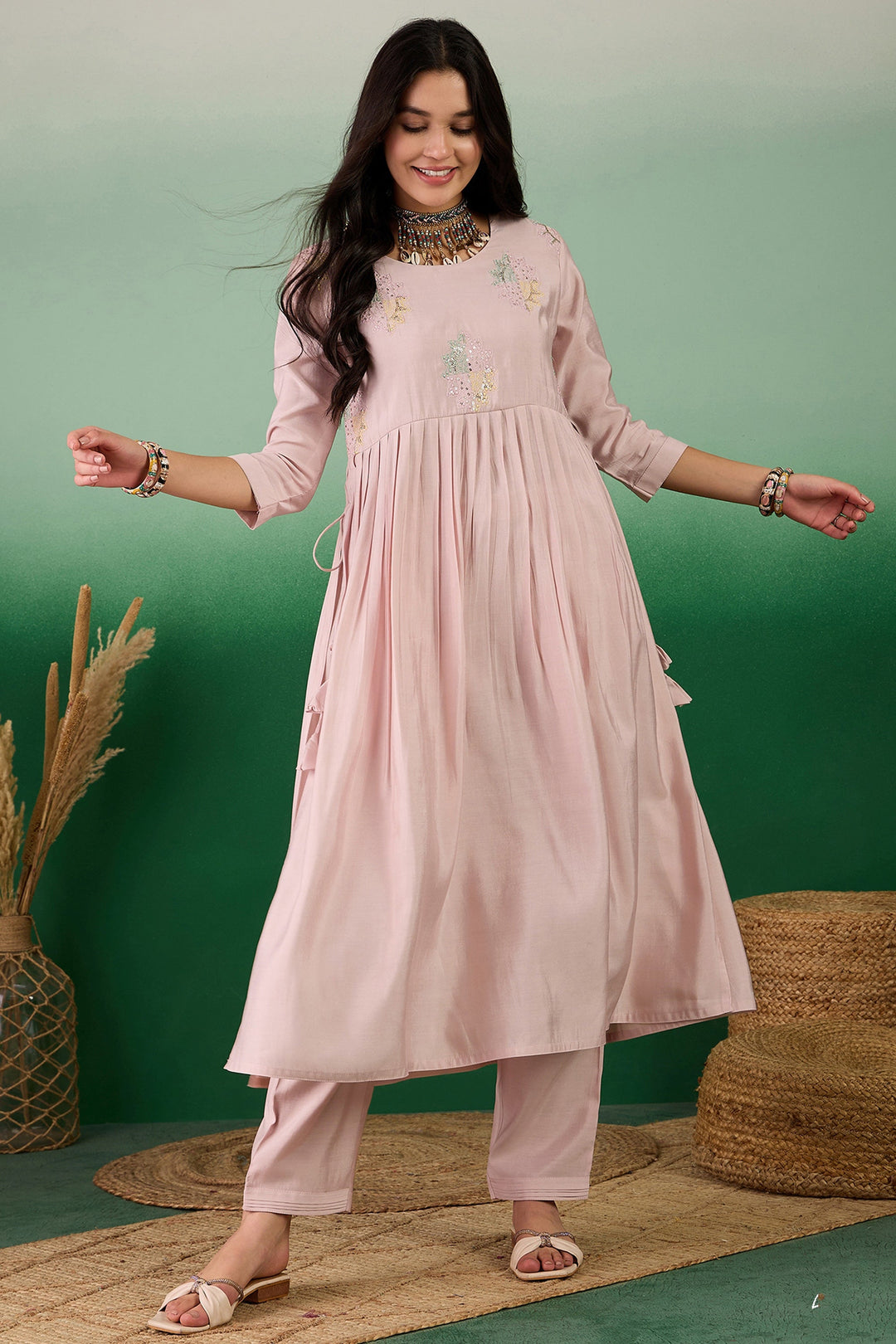 Attractive Muslin Fabric Pink Color Readymade Kurti With Bottom | Buy Online India