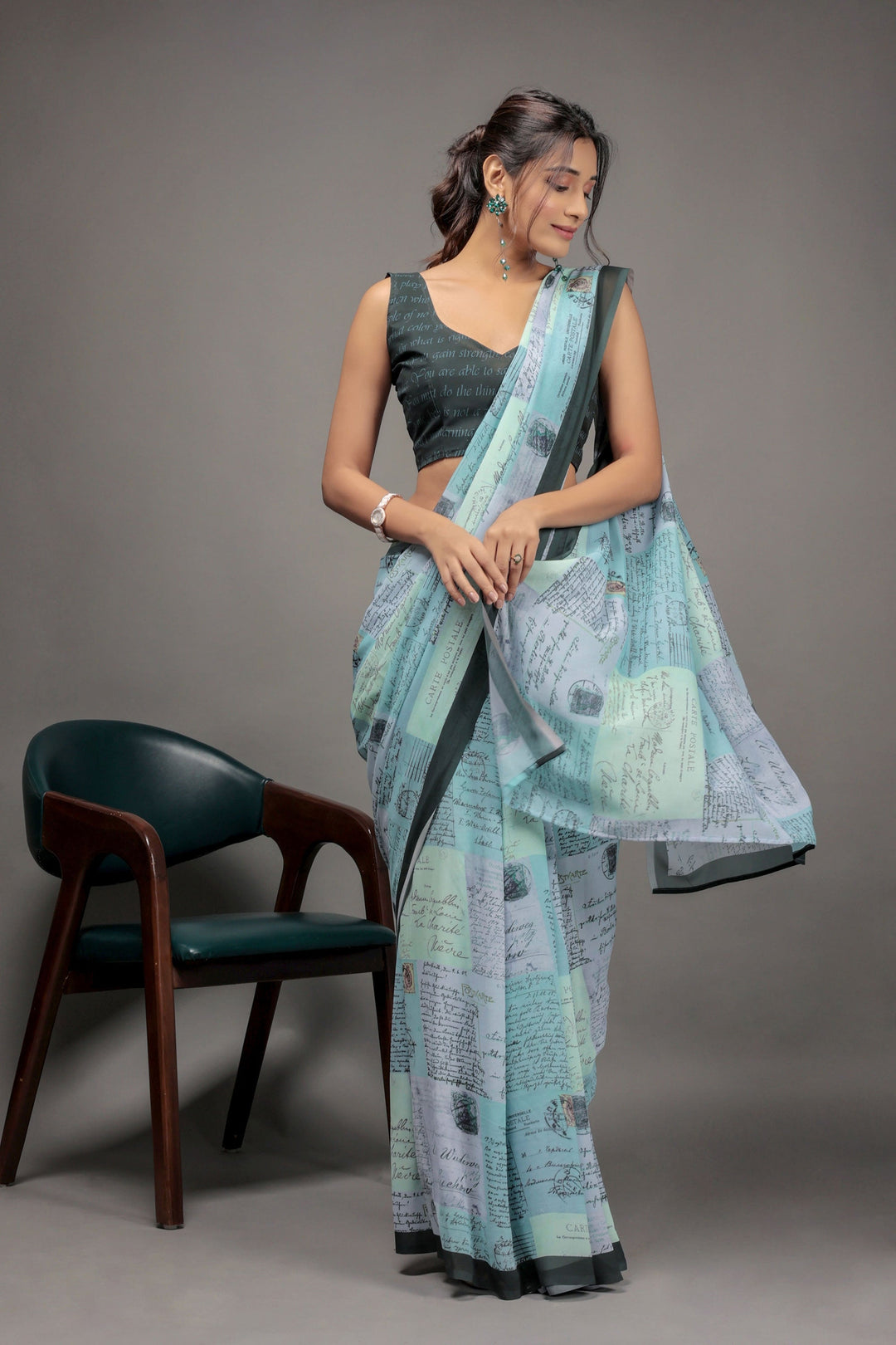 Light Cyan Color Georgette Fabric Engaging Saree With Printed Work | Buy Online India