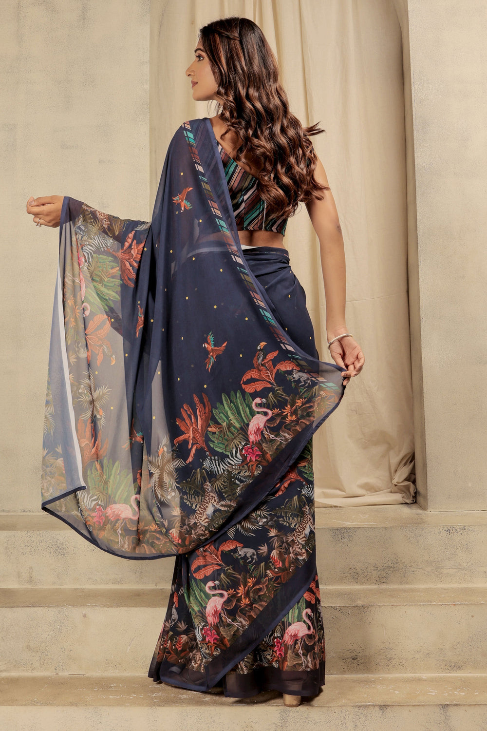 Printed Work On Navy Blue Color Sober Saree In Georgette Fabric | Buy Online India