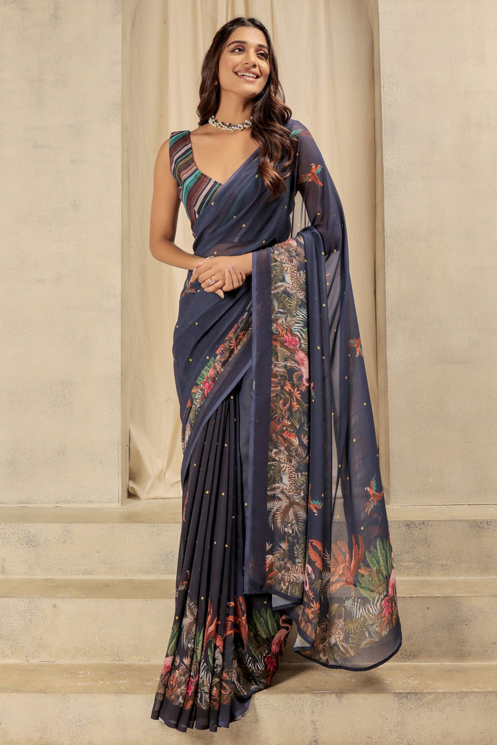Printed Work On Navy Blue Color Sober Saree In Georgette Fabric | Buy Online India