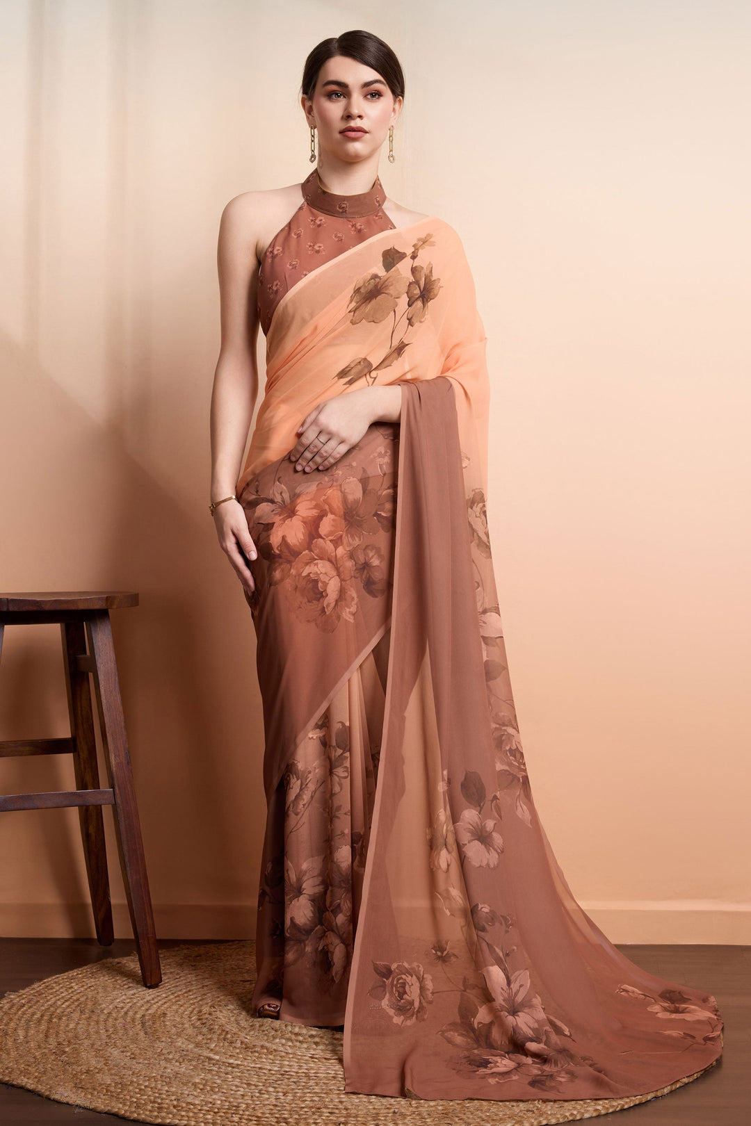 Excellent Georgette Fabric Brown Color Saree With Printed Work | Buy Online India
