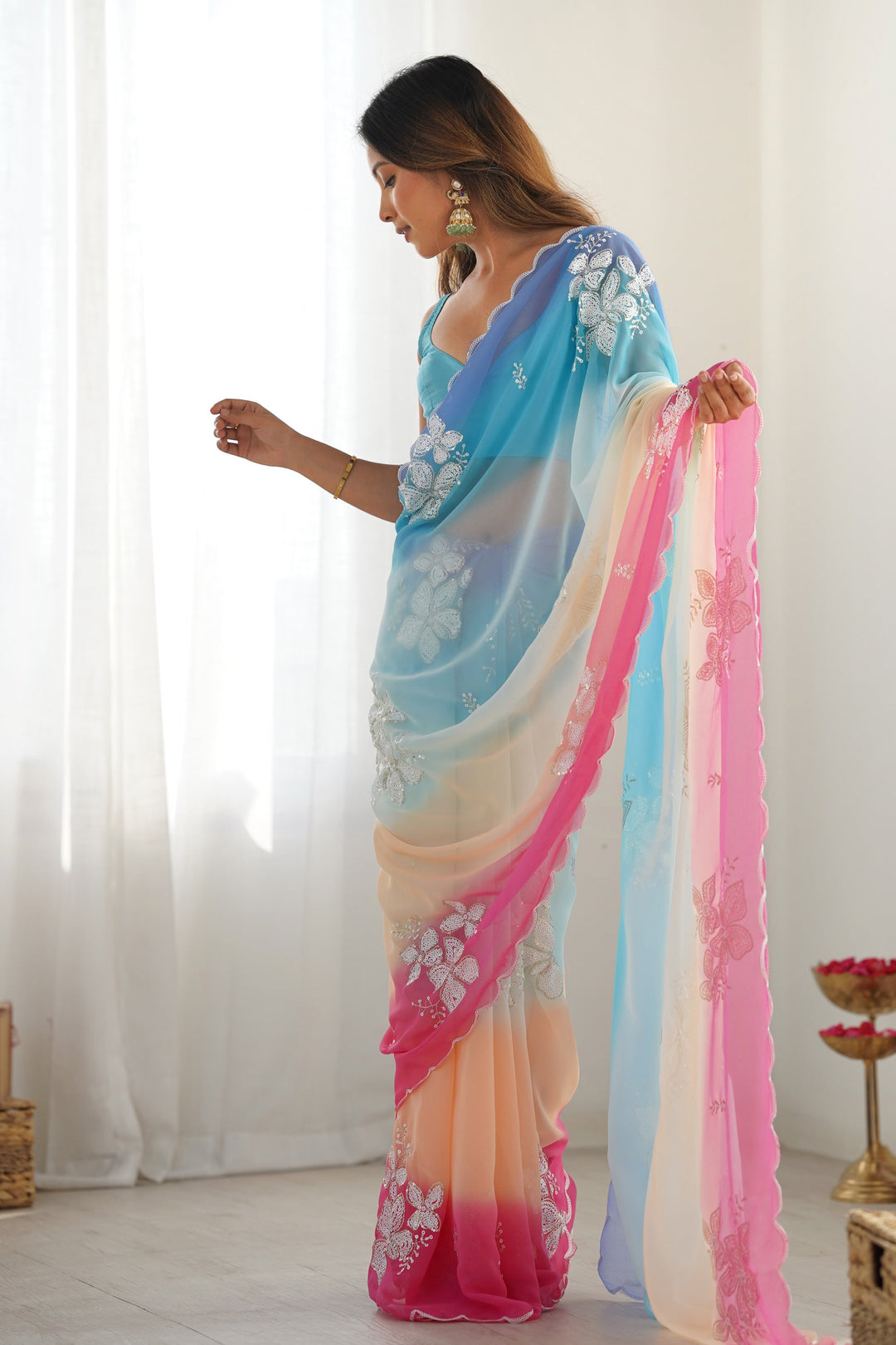 Sky Blue Sequins Work Georgette Saree With Blouse | Buy Online India