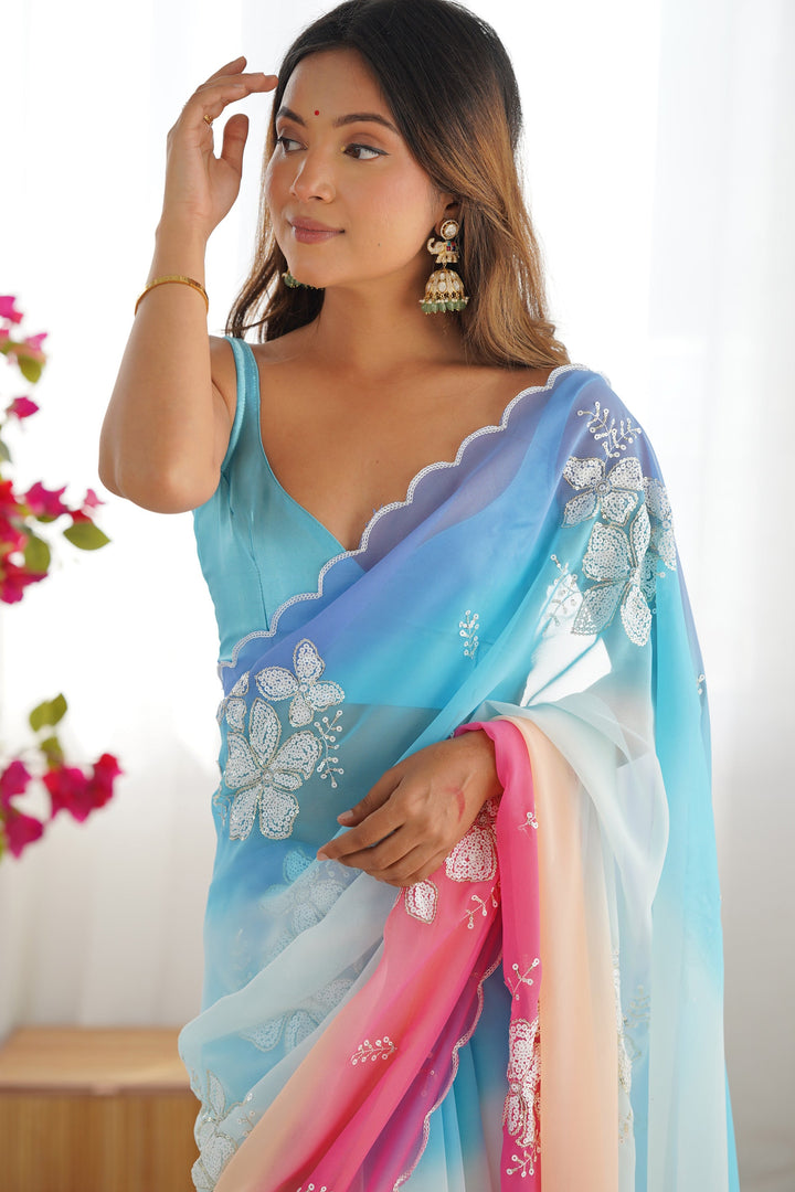 Sky Blue Sequins Work Georgette Saree With Blouse | Buy Online India