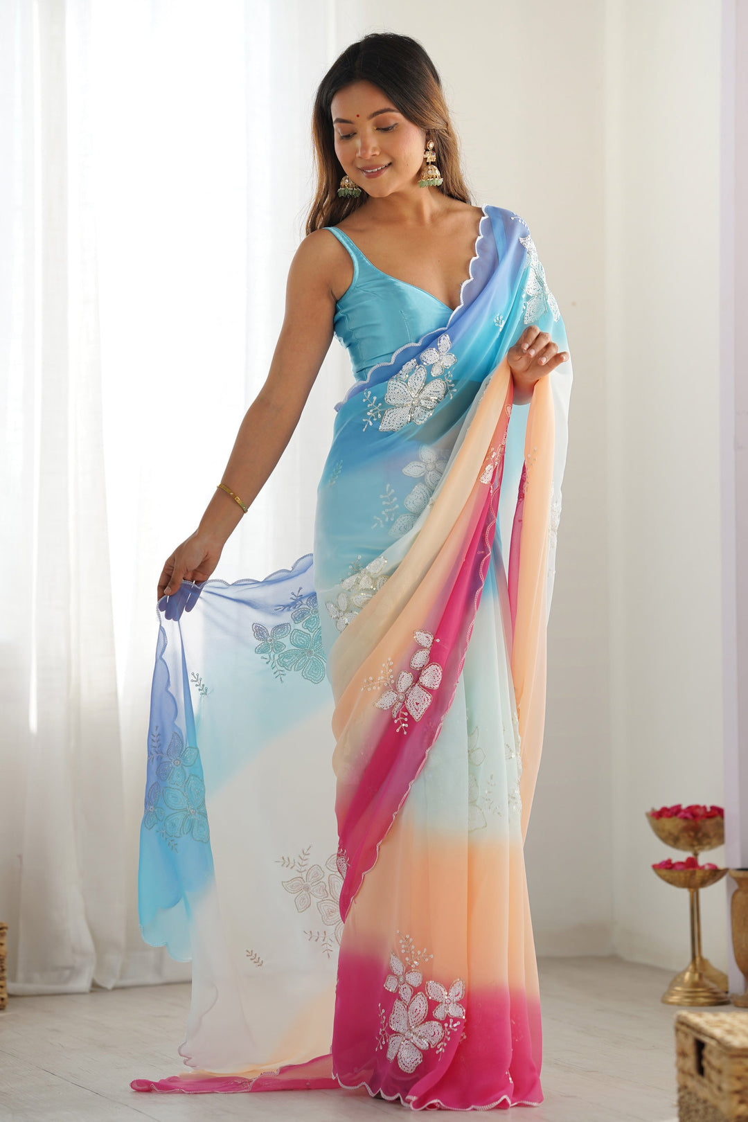 Sky Blue Sequins Work Georgette Saree With Blouse | Buy Online India