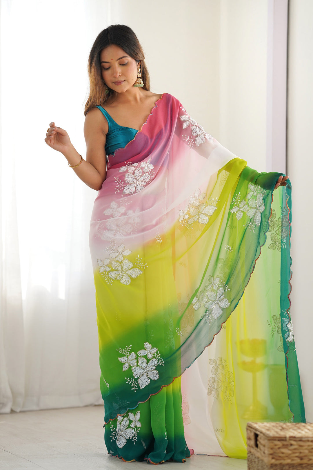 Party Wear Green Color Sequins Work Georgette Saree | Buy Online India