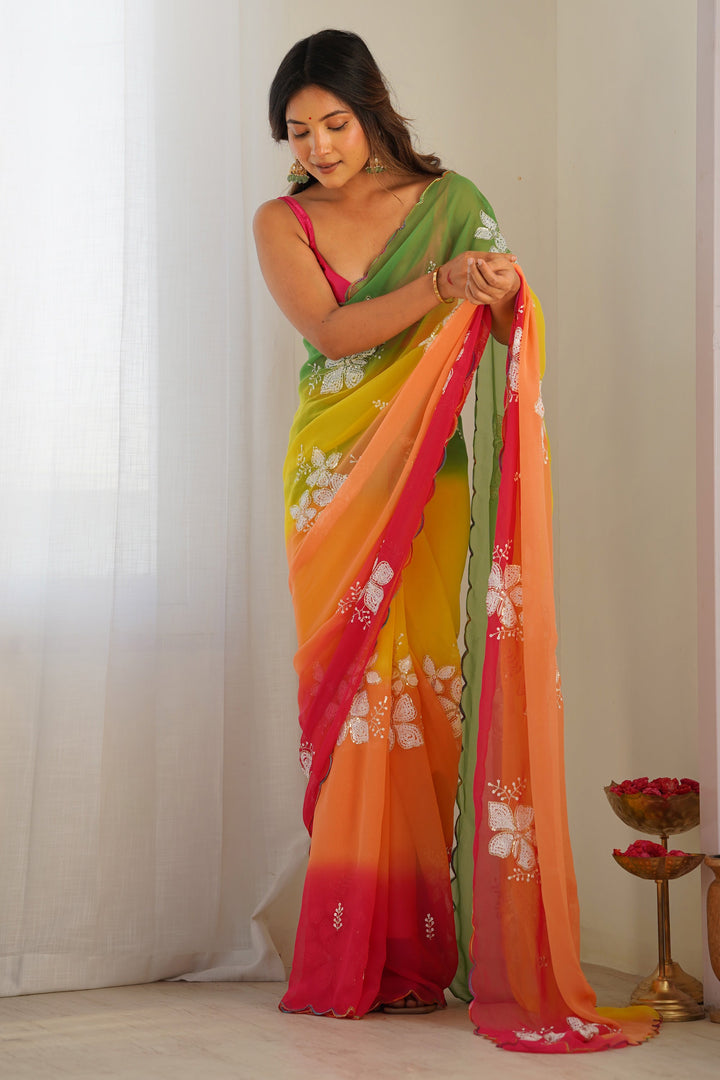 Party Wear Sober Sequins Work Saree In Yellow Color | Buy Online India