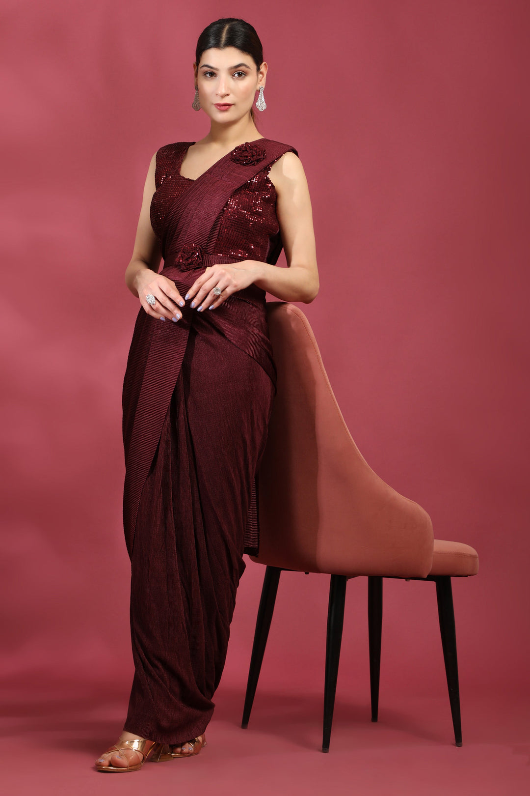 Maroon Color Pleasant Crush Lycra Ready To Wear Saree | Buy Online India