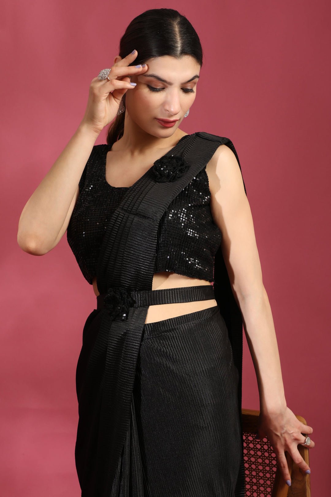 Black Color Brilliant Crush Lycra Ready To Wear Saree | Buy Online India