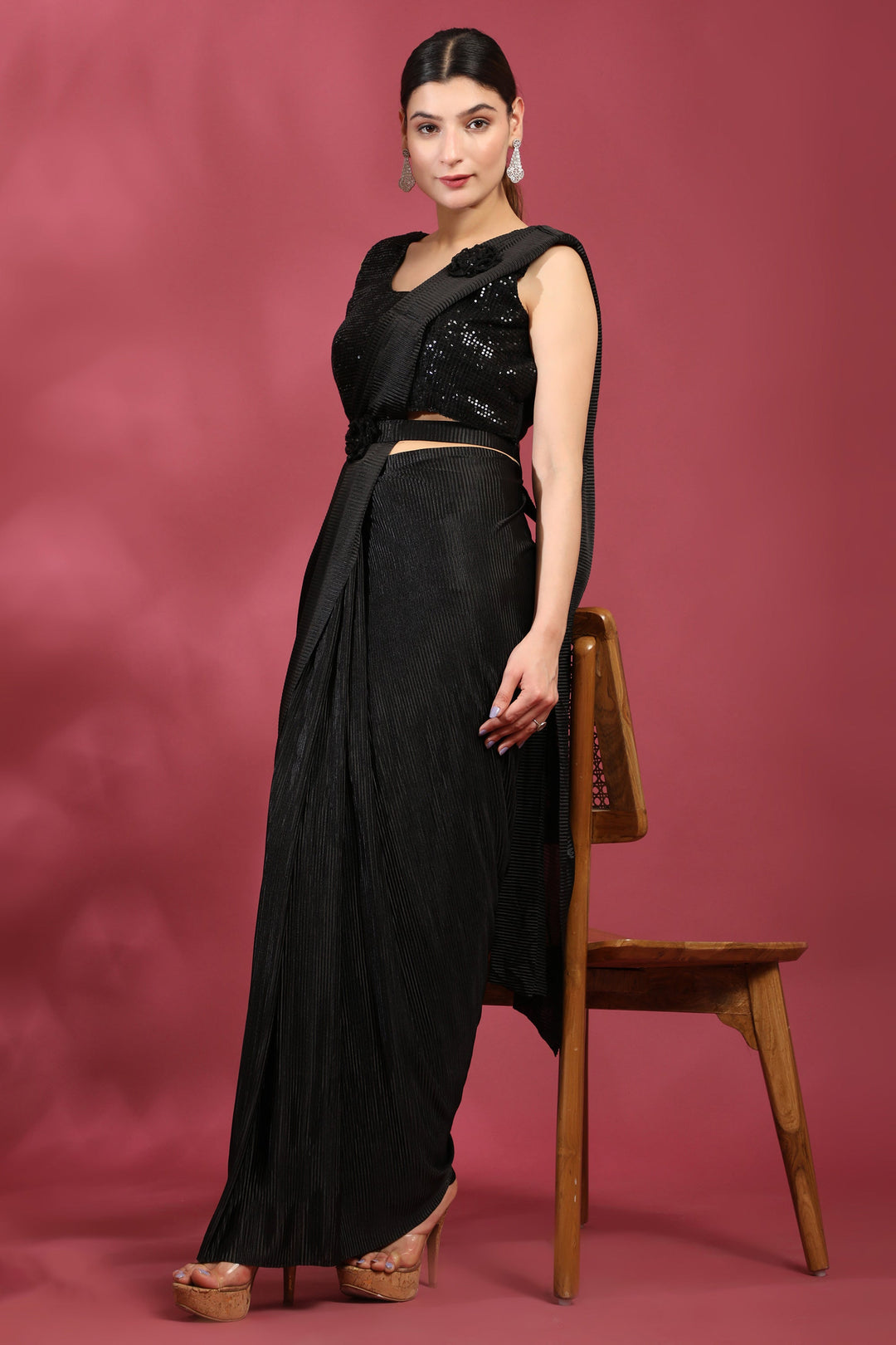 Black Color Brilliant Crush Lycra Ready To Wear Saree | Buy Online India