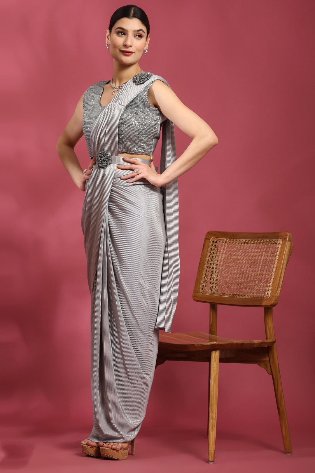 Imposing Crush Lycra Ready To Wear Saree In Grey Color | Buy Online India