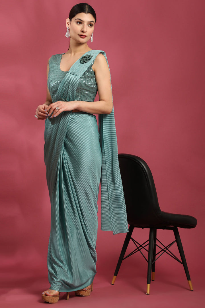 Sea Green Color Glorious Crush Lycra Ready To Wear Saree | Buy Online India