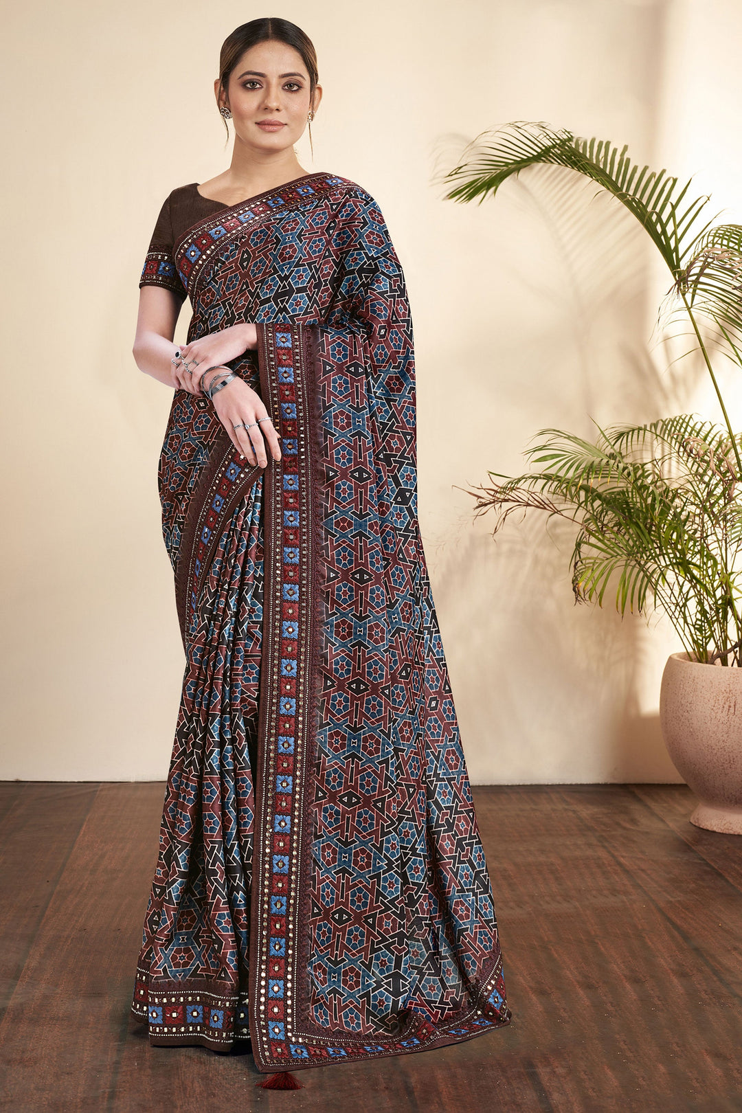 Brown Color Printed Work On Gajji Silk Fabric Stunning Saree | Buy Online India