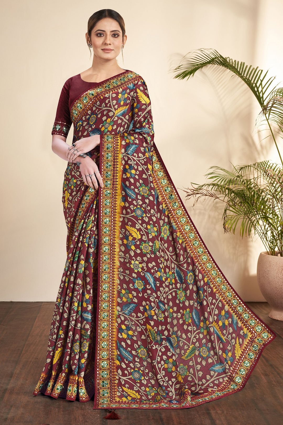 Beguiling Printed Work Brown Color Gajji Silk Fabric Saree | Buy Online India