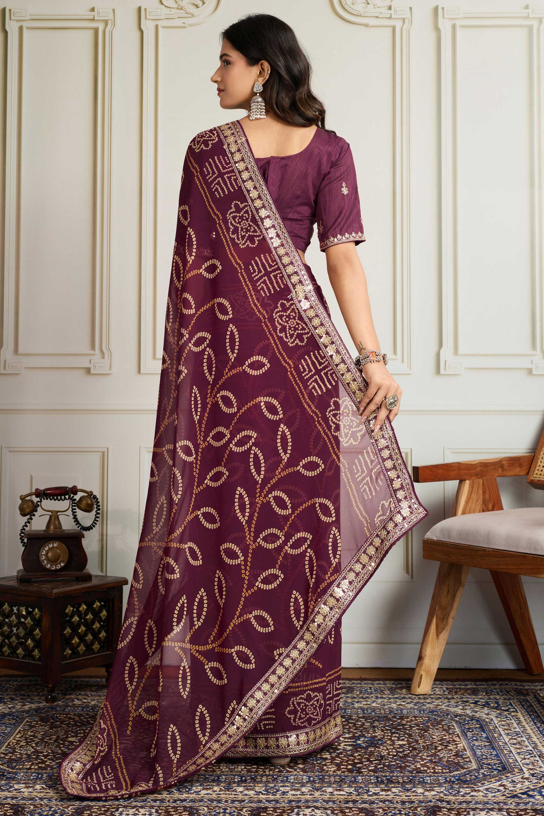 Engaging Wine Color Georgette Fabric Bandhani Printed Saree | Buy Online India