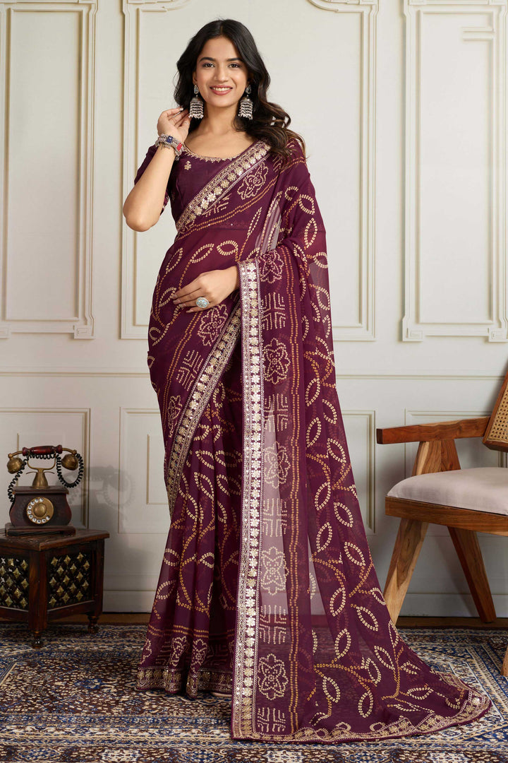 Engaging Wine Color Georgette Fabric Bandhani Printed Saree | Buy Online India