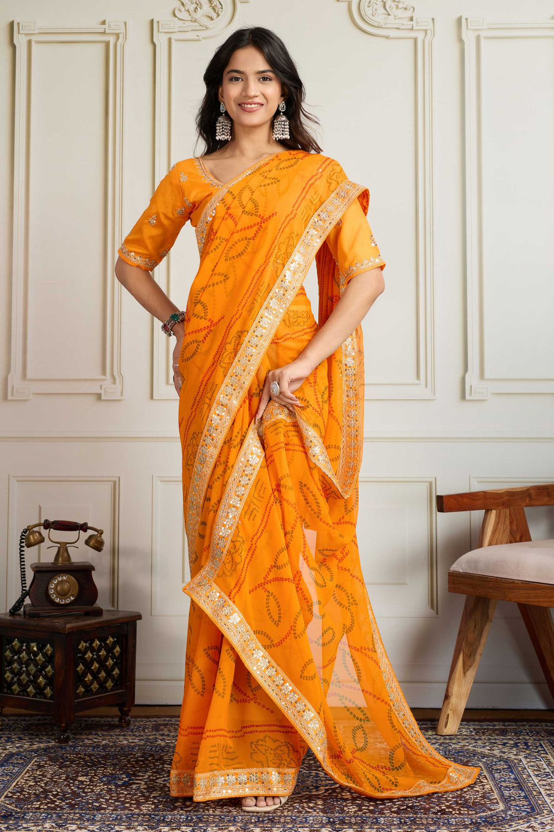 Amazing Yellow Color Georgette Fabric Bandhani Printed Saree | Buy Online India