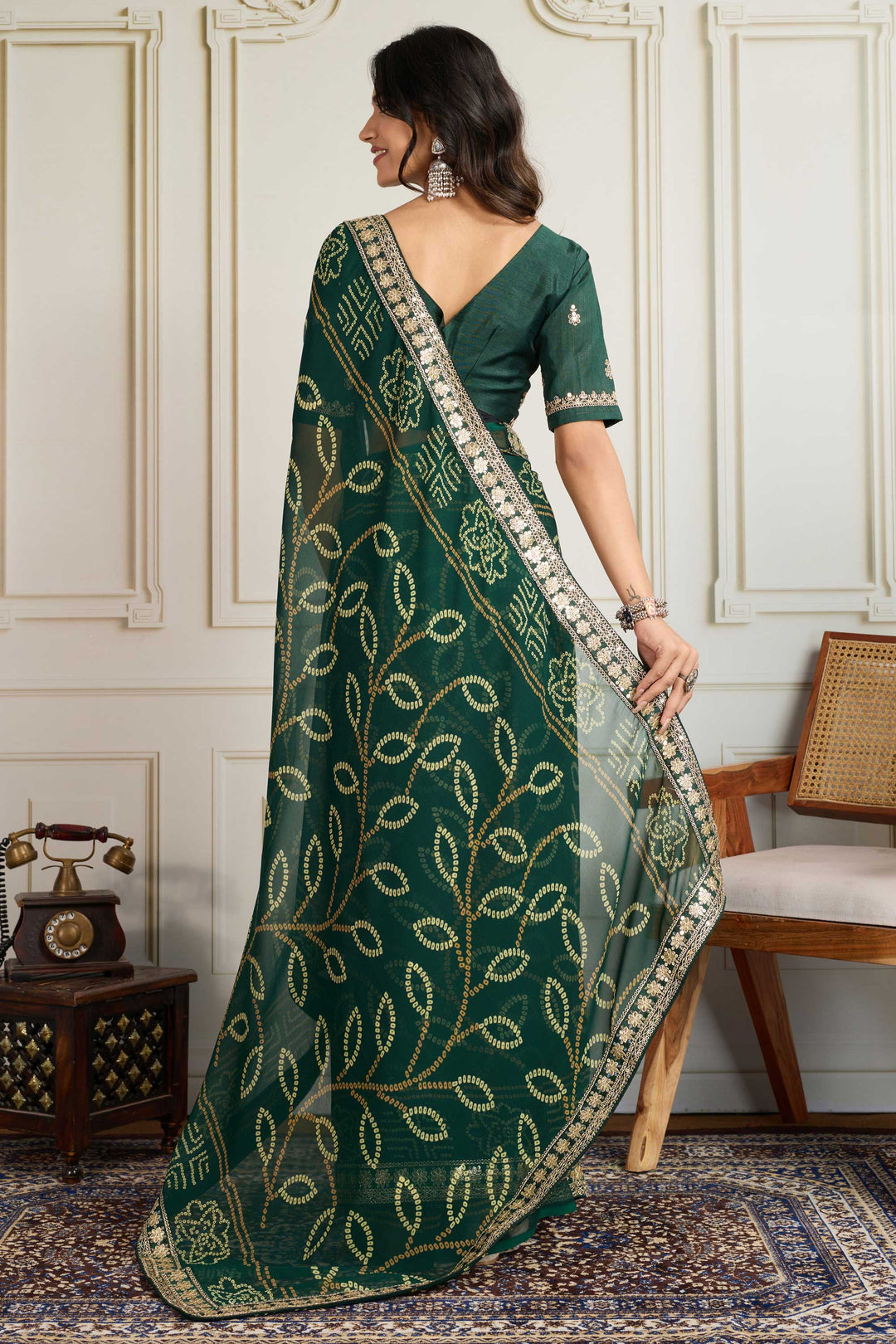 Trendy Georgette Fabric Dark Green Color Bandhani Printed Saree | Buy Online India