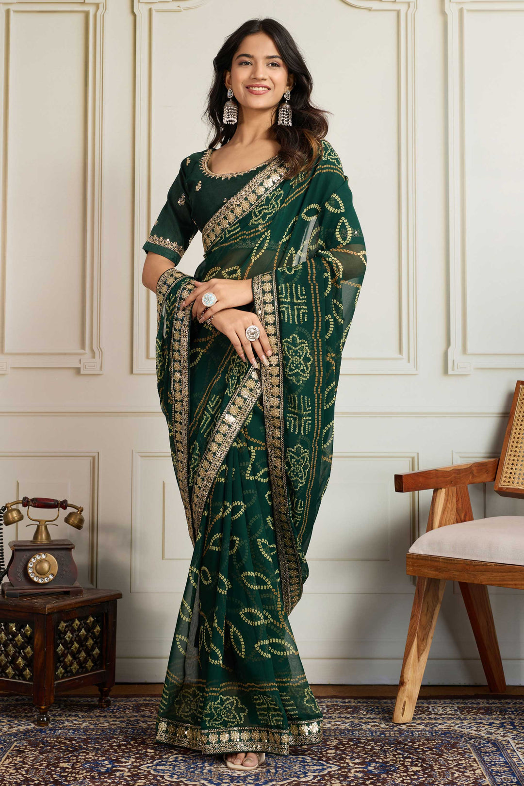 Trendy Georgette Fabric Dark Green Color Bandhani Printed Saree | Buy Online India