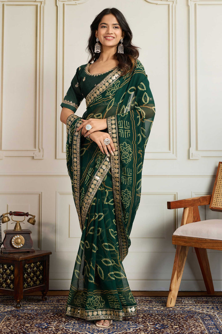 Trendy Georgette Fabric Dark Green Color Bandhani Printed Saree | Buy Online India