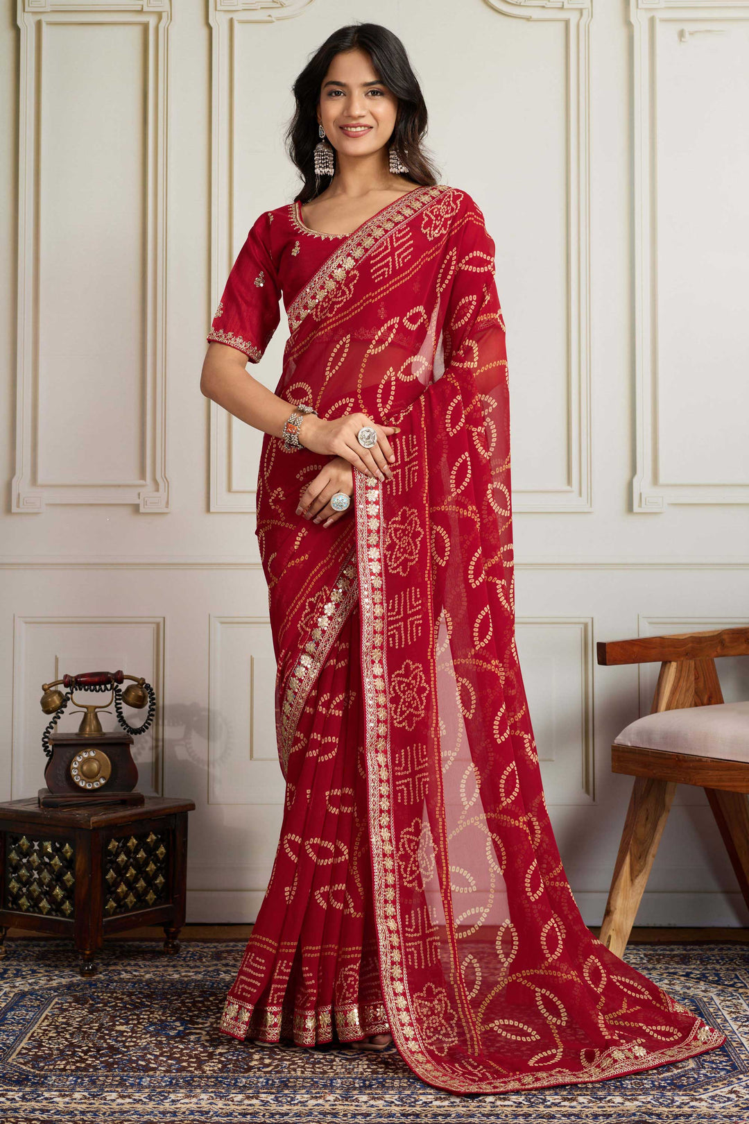 Maroon Color Georgette Fabric Chic Bandhani Printed Saree | Buy Online India