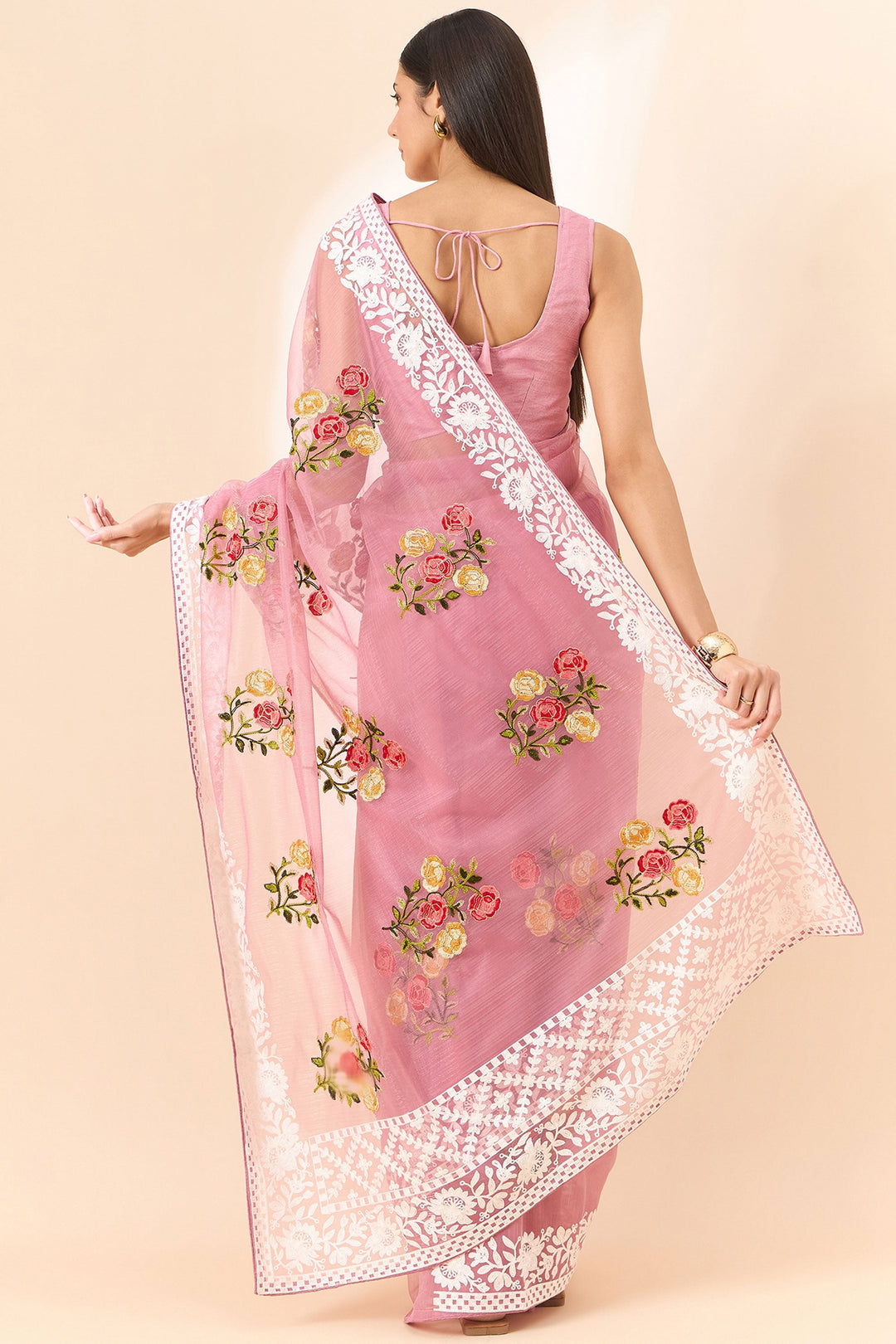 Heavy Organza Fabric Embroidered On Pink Color Saree | Buy Online India