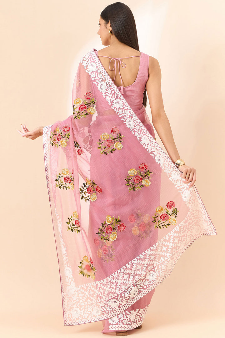 Heavy Organza Fabric Embroidered On Pink Color Saree | Buy Online India