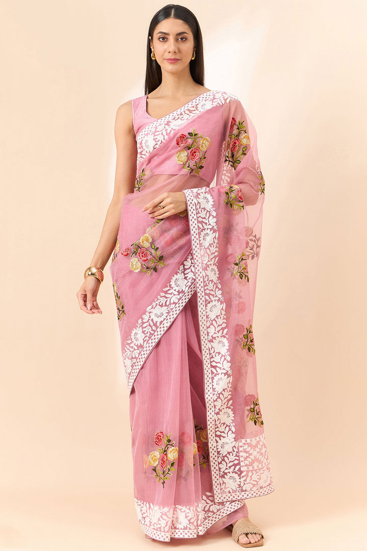Heavy Organza Fabric Embroidered On Pink Color Saree | Buy Online India