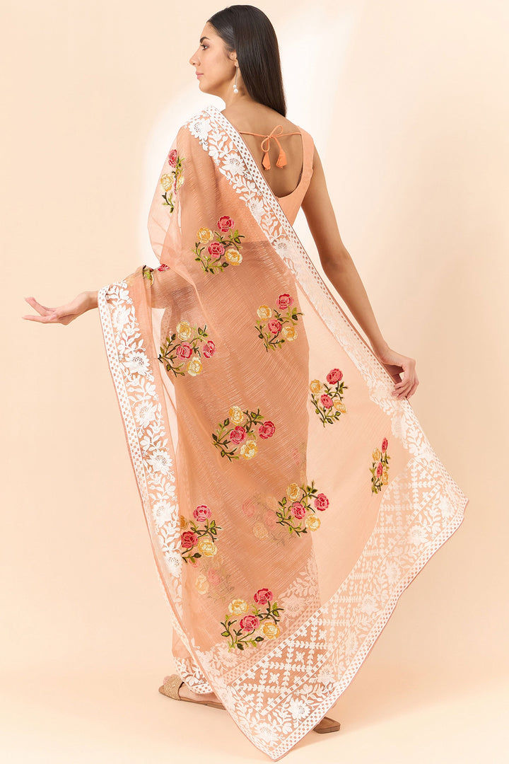 Exclusive Embroidered On Peach Color Saree In Organza Fabric | Buy Online India