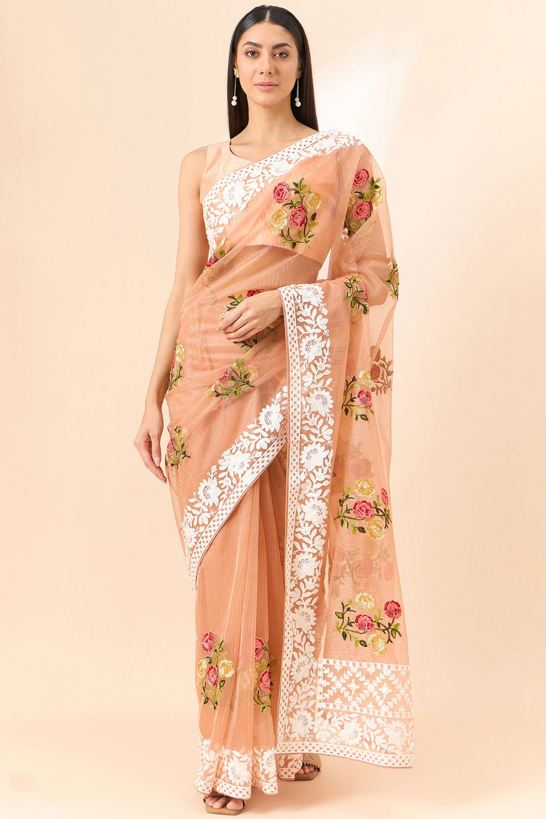 Exclusive Embroidered On Peach Color Saree In Organza Fabric | Buy Online India