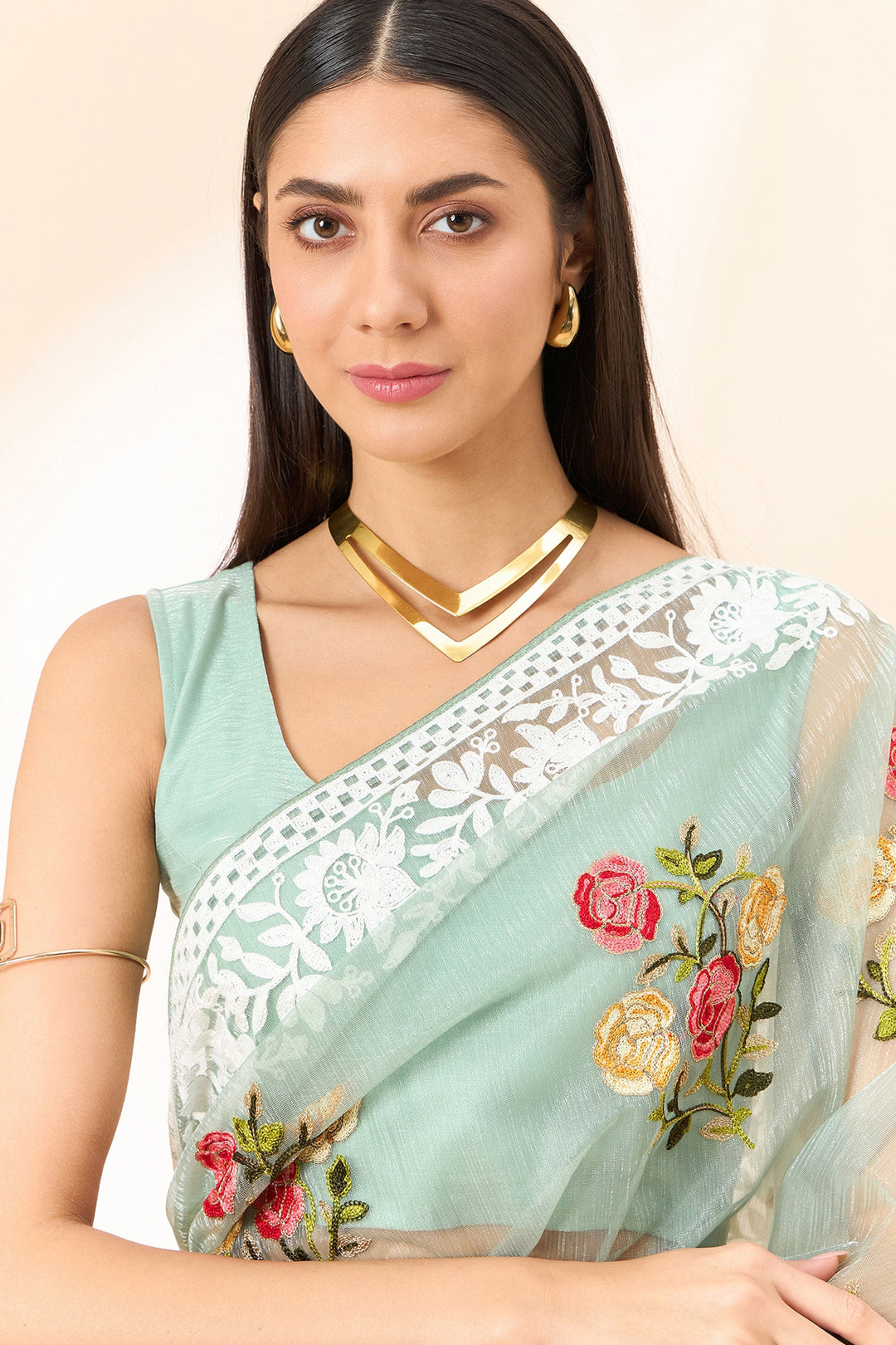 Sea Green Color Exquisite Embroidered Saree In Organza Fabric | Buy Online India