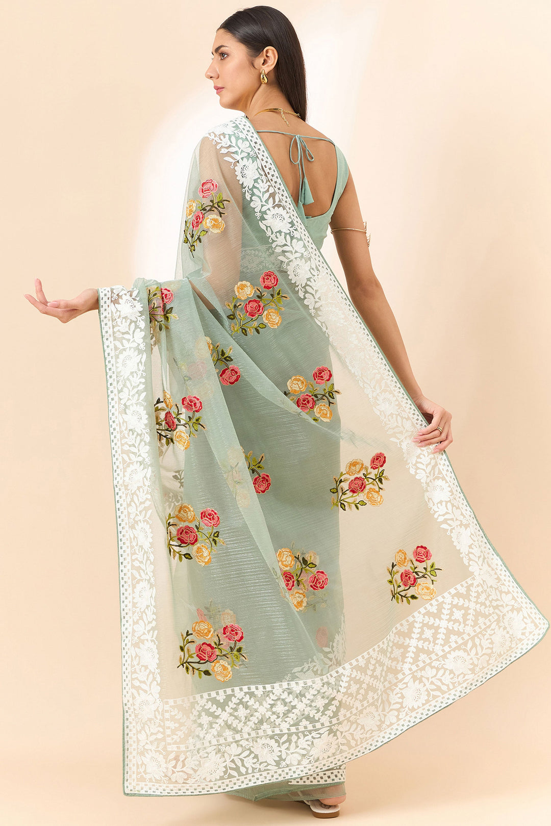 Sea Green Color Exquisite Embroidered Saree In Organza Fabric | Buy Online India