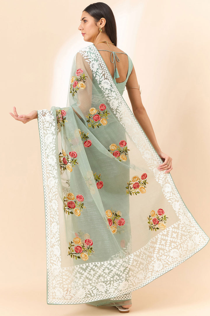 Sea Green Color Exquisite Embroidered Saree In Organza Fabric | Buy Online India