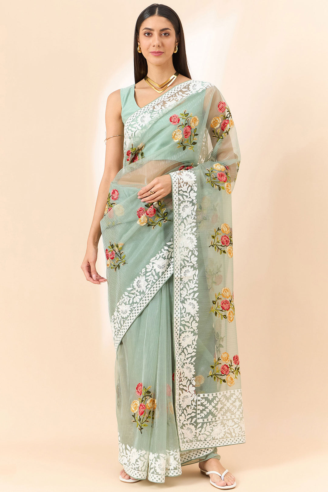 Sea Green Color Exquisite Embroidered Saree In Organza Fabric | Buy Online India