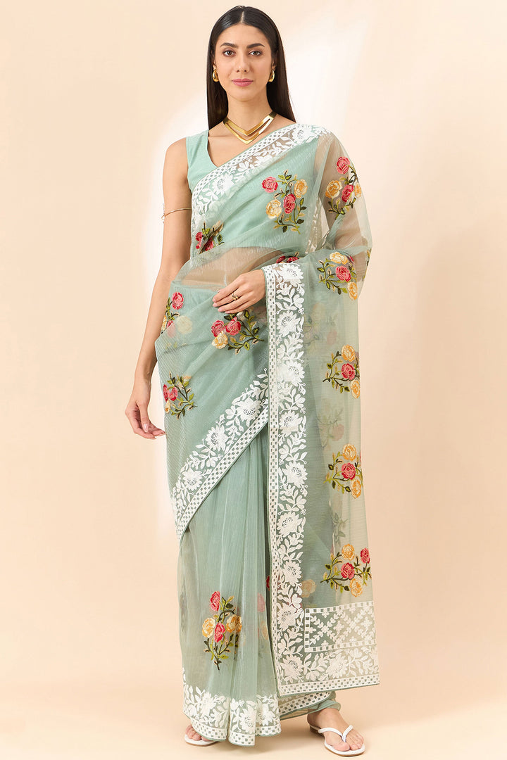 Sea Green Color Exquisite Embroidered Saree In Organza Fabric | Buy Online India