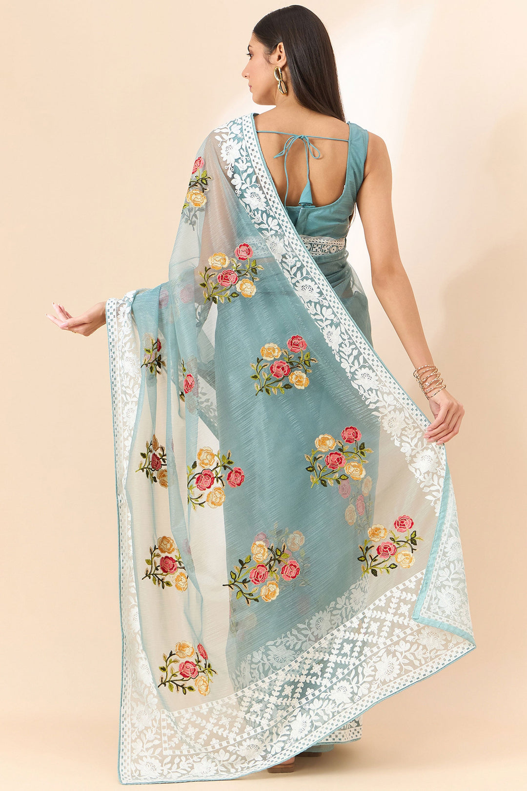 Attrective Organza Fabric Cyan Color Saree With Embroidered Work | Buy Online India