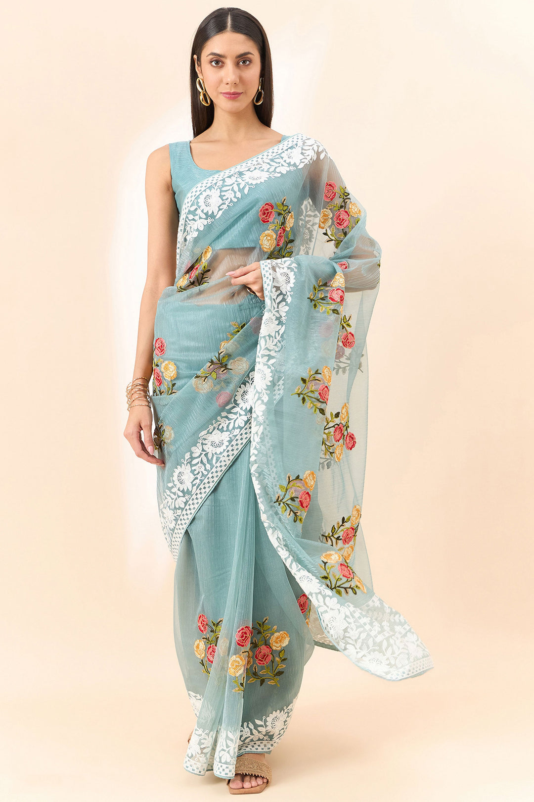 Attrective Organza Fabric Cyan Color Saree With Embroidered Work | Buy Online India