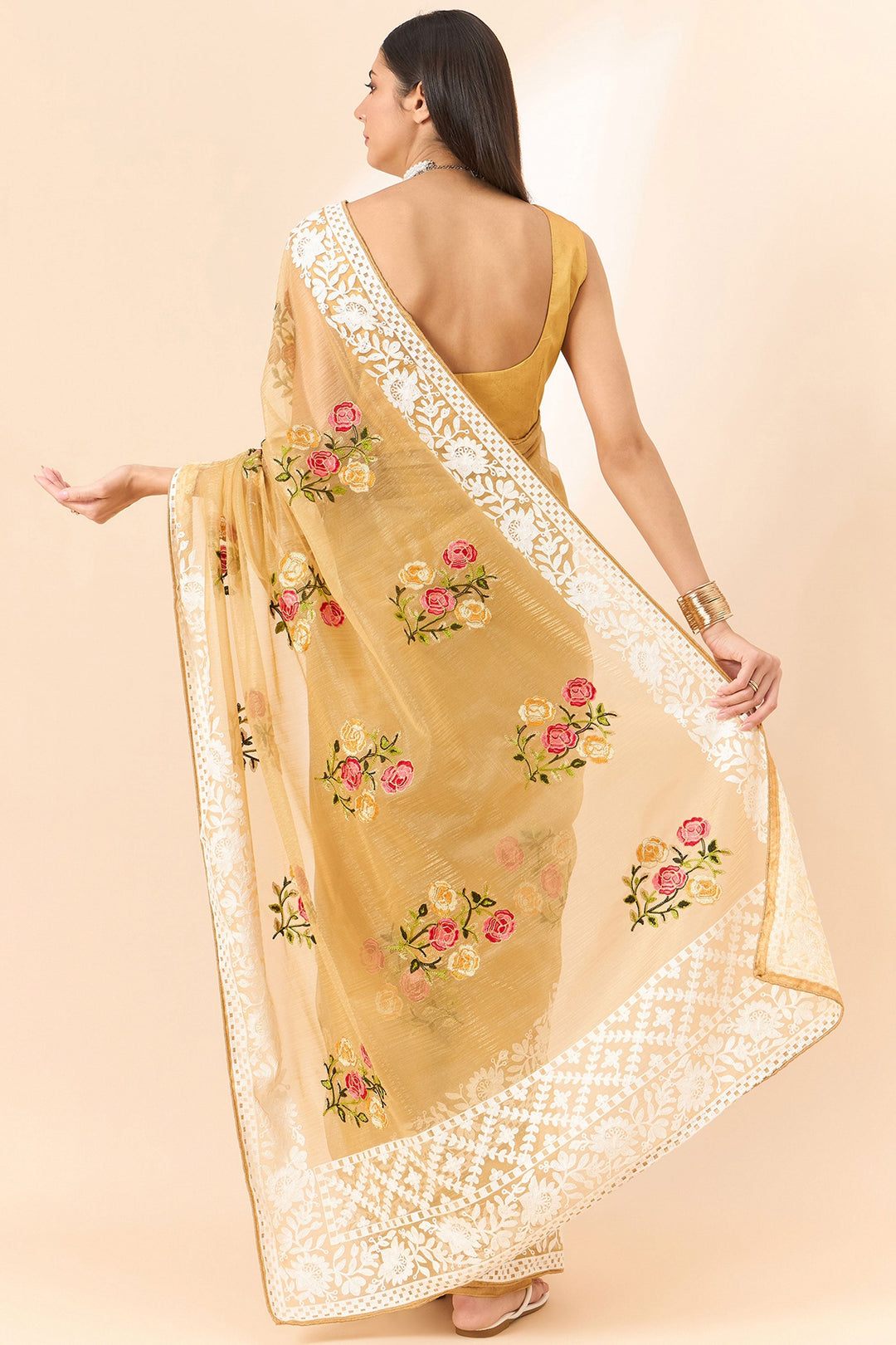 Organza Fabric Embroidered On Golden Color Amazing Saree | Buy Online India