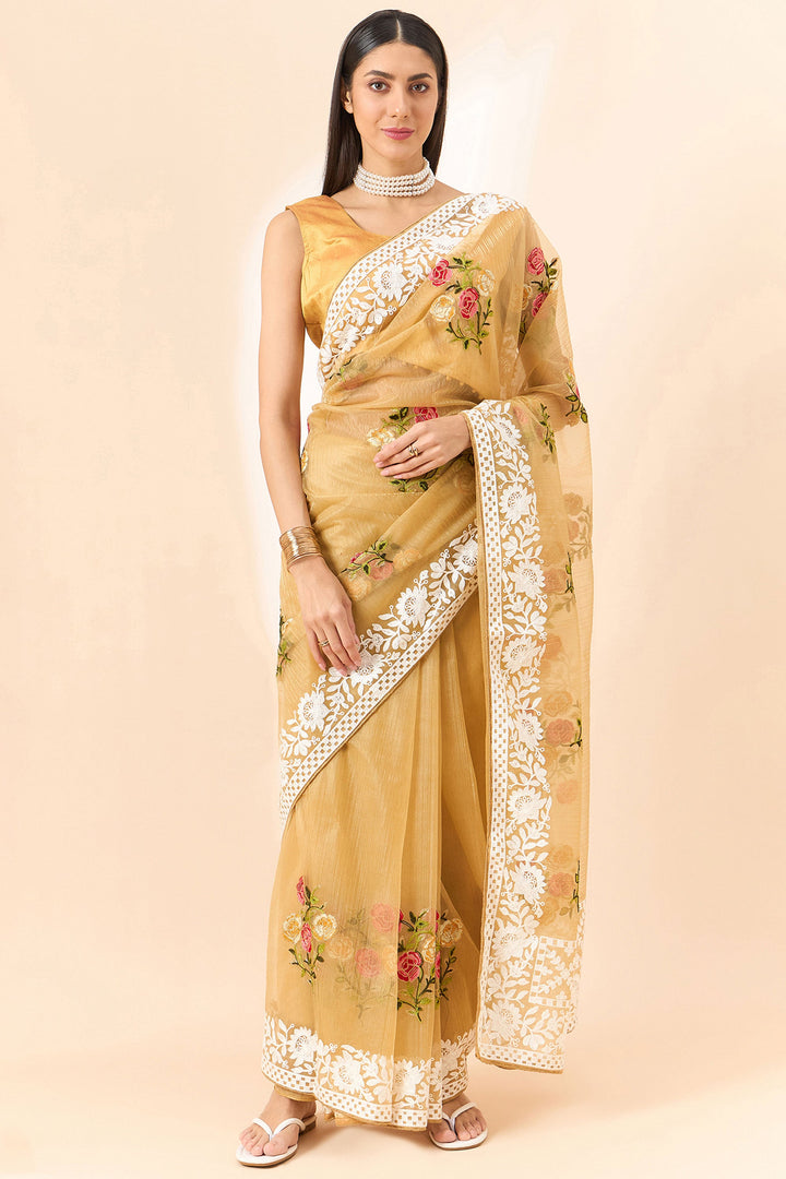 Organza Fabric Embroidered On Golden Color Amazing Saree | Buy Online India