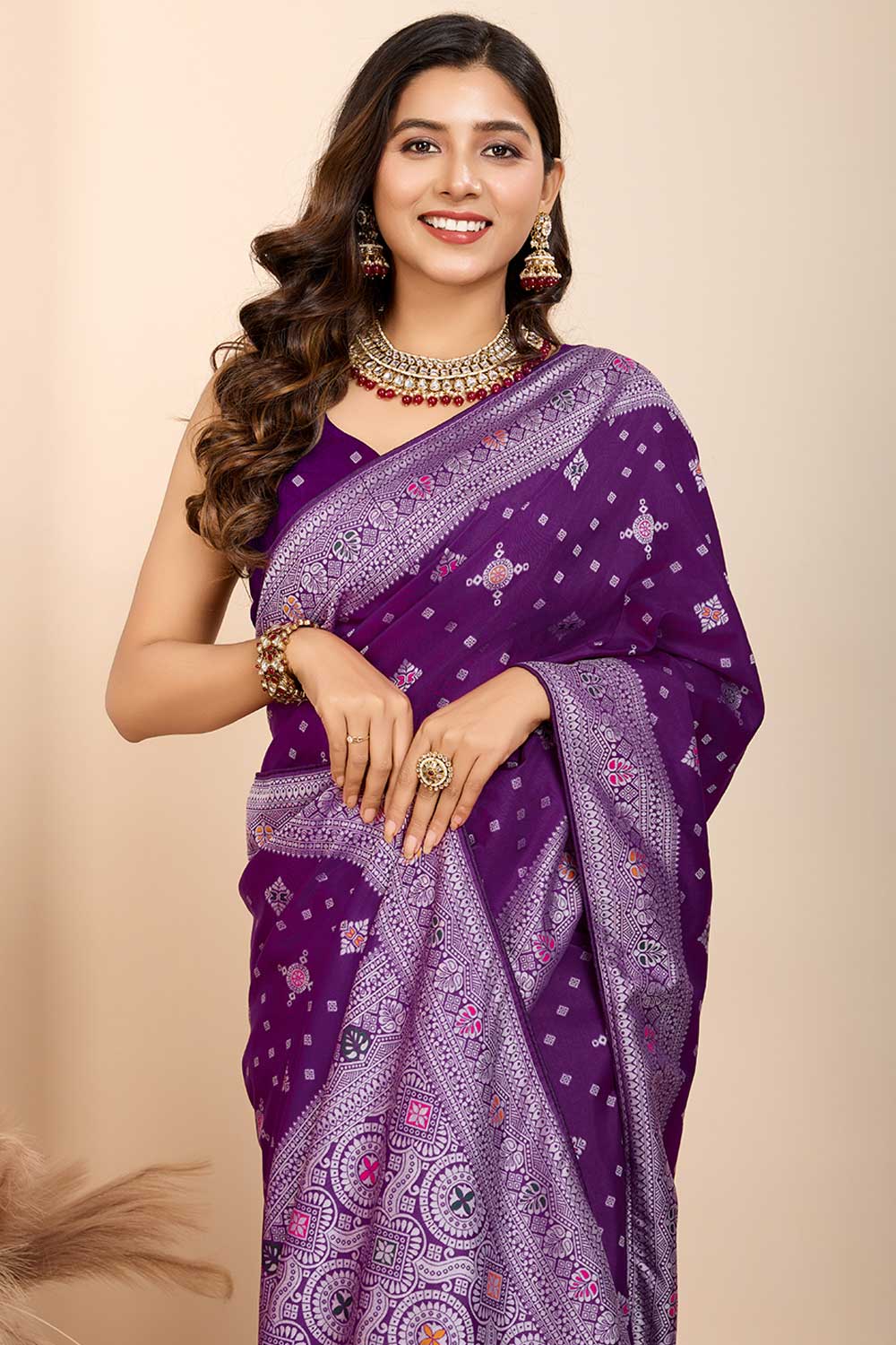 Soothing Woven Meenakari Art Silk Saree In Purple Color | Buy Online India