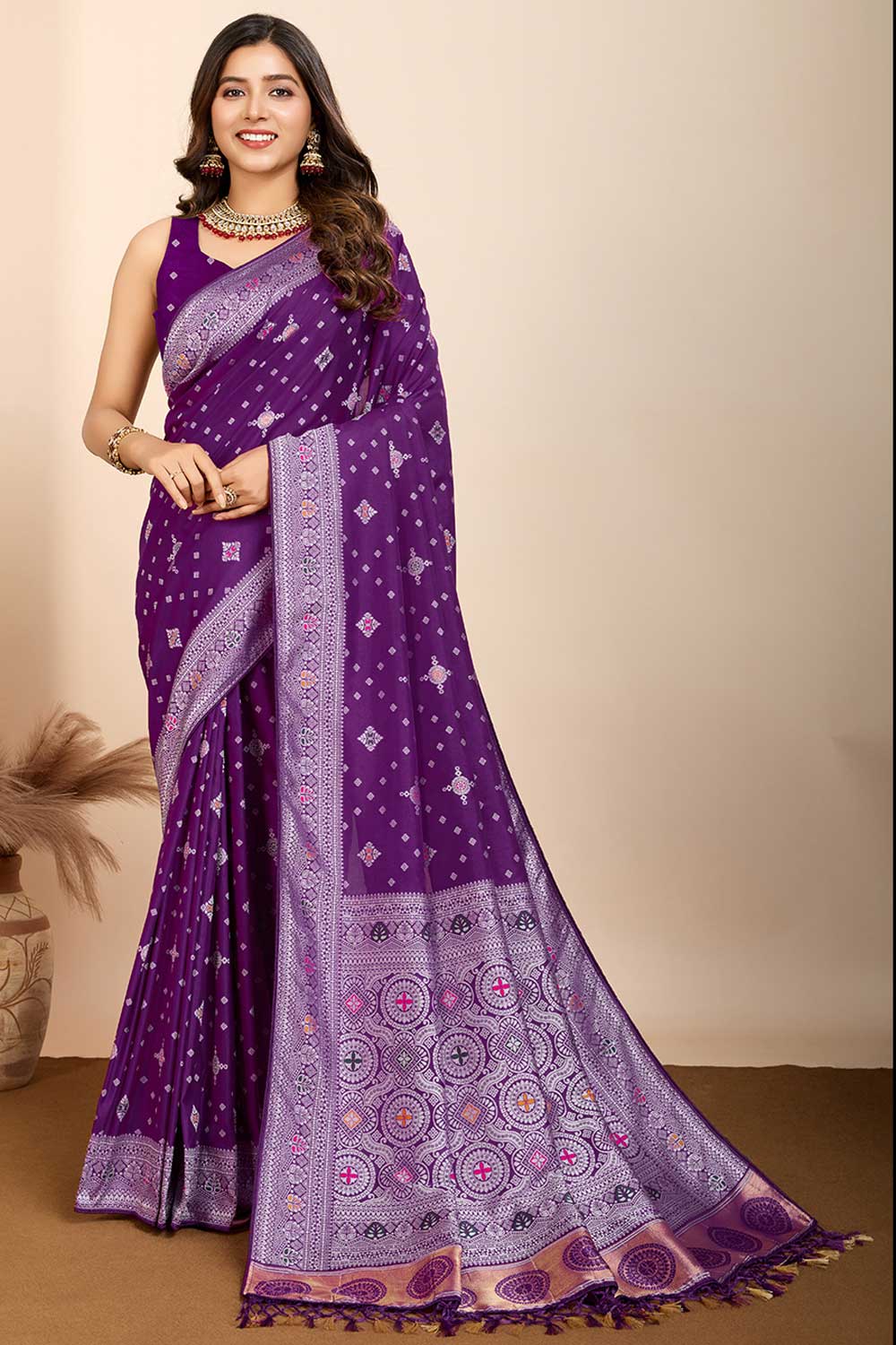 Soothing Woven Meenakari Art Silk Saree In Purple Color | Buy Online India