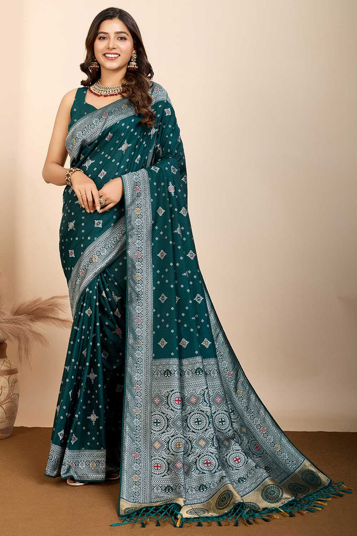 Delicate Dark Teal Color Woven Meenakari Art Silk Saree | Buy Online India