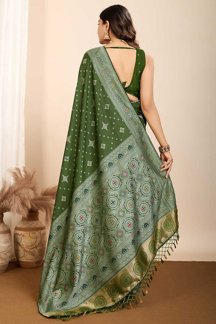 Blazing Olive Color Woven Meenakari Art Silk Saree | Buy Online India