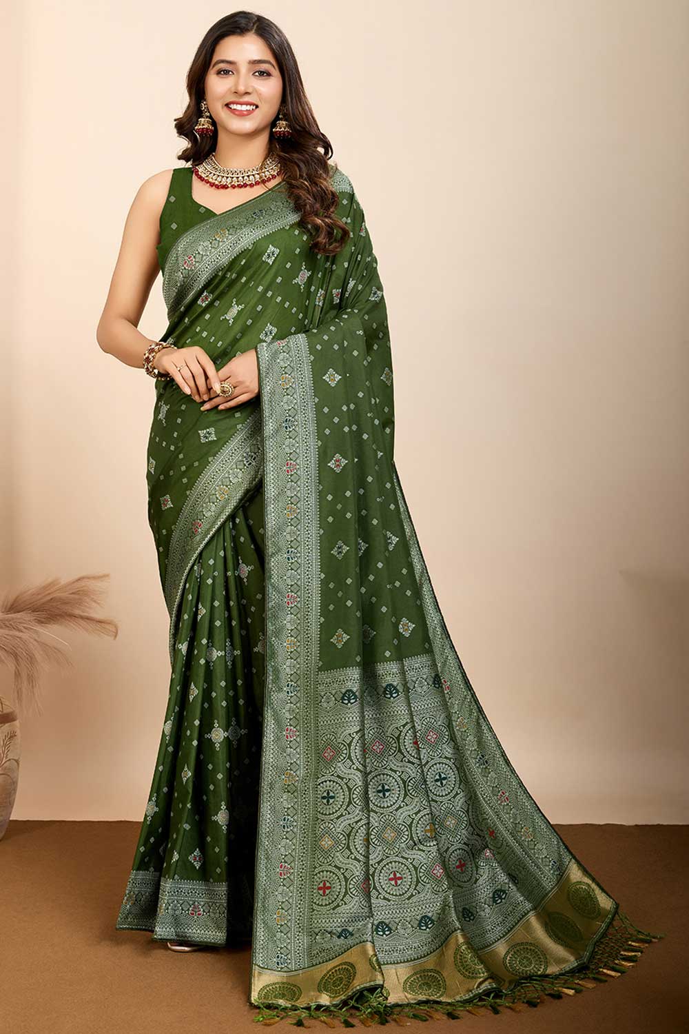 Blazing Olive Color Woven Meenakari Art Silk Saree | Buy Online India