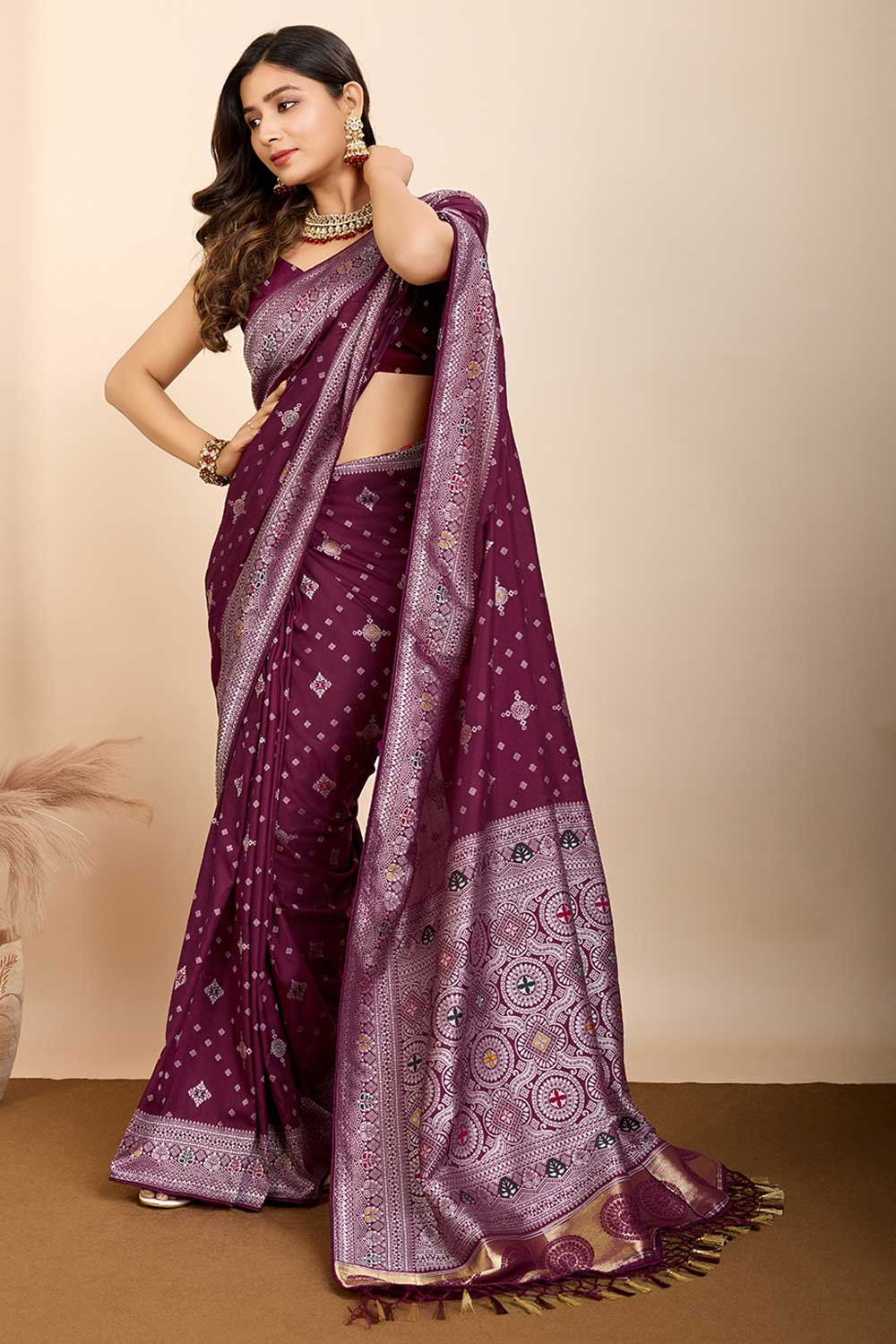 Wine Color Glamorous Woven Meenakari Art Silk Saree | Buy Online India
