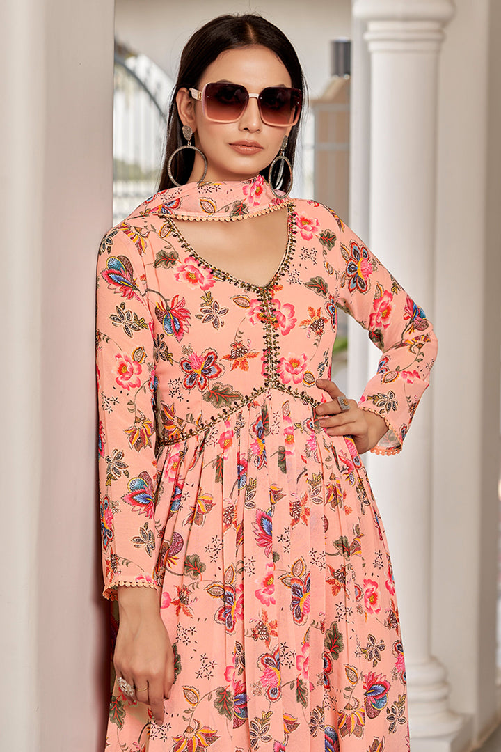 Phenomenal Floral Printed Peach Color Georgette Gown With Dupatta | Buy Online India
