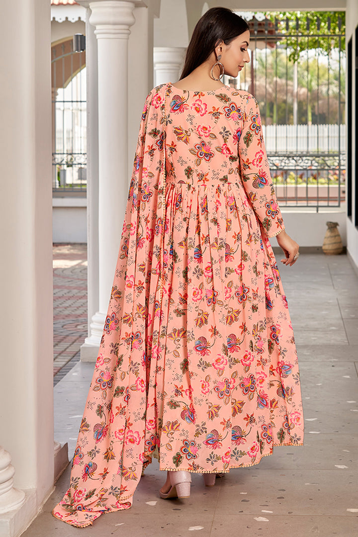 Phenomenal Floral Printed Peach Color Georgette Gown With Dupatta | Buy Online India