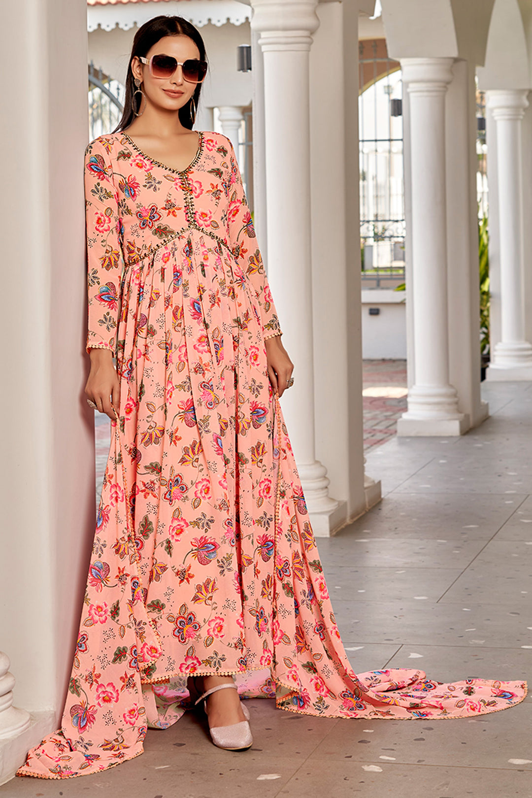 Phenomenal Floral Printed Peach Color Georgette Gown With Dupatta | Buy Online India