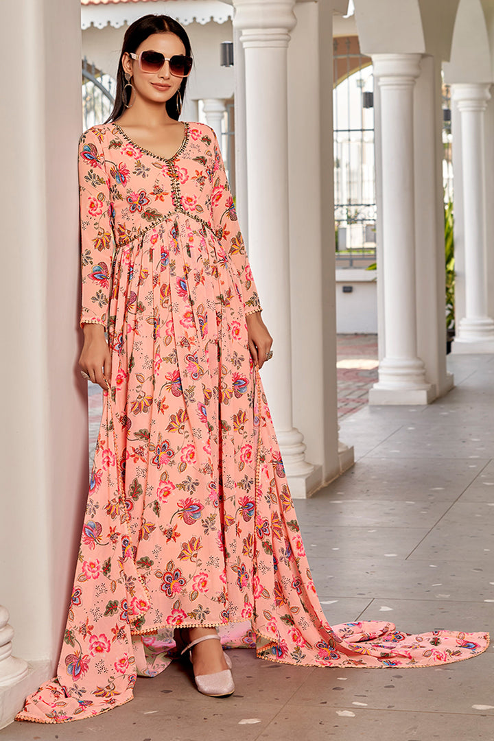 Phenomenal Floral Printed Peach Color Georgette Gown With Dupatta | Buy Online India