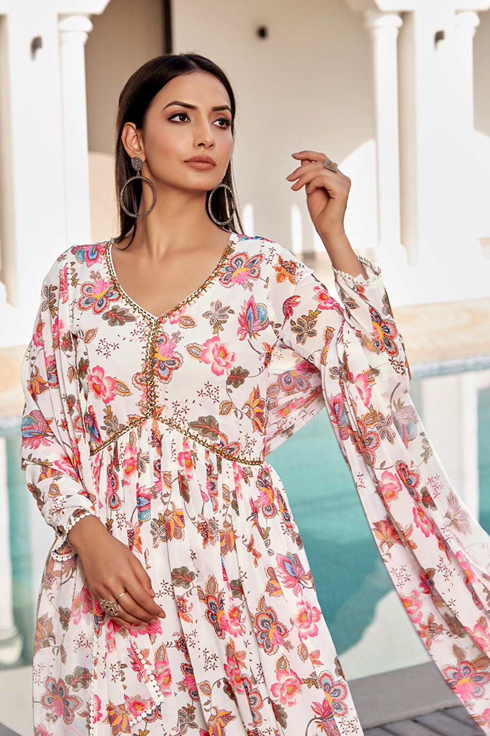 Glamorous White Color Floral Printed Georgette Gown With Dupatta | Buy Online India